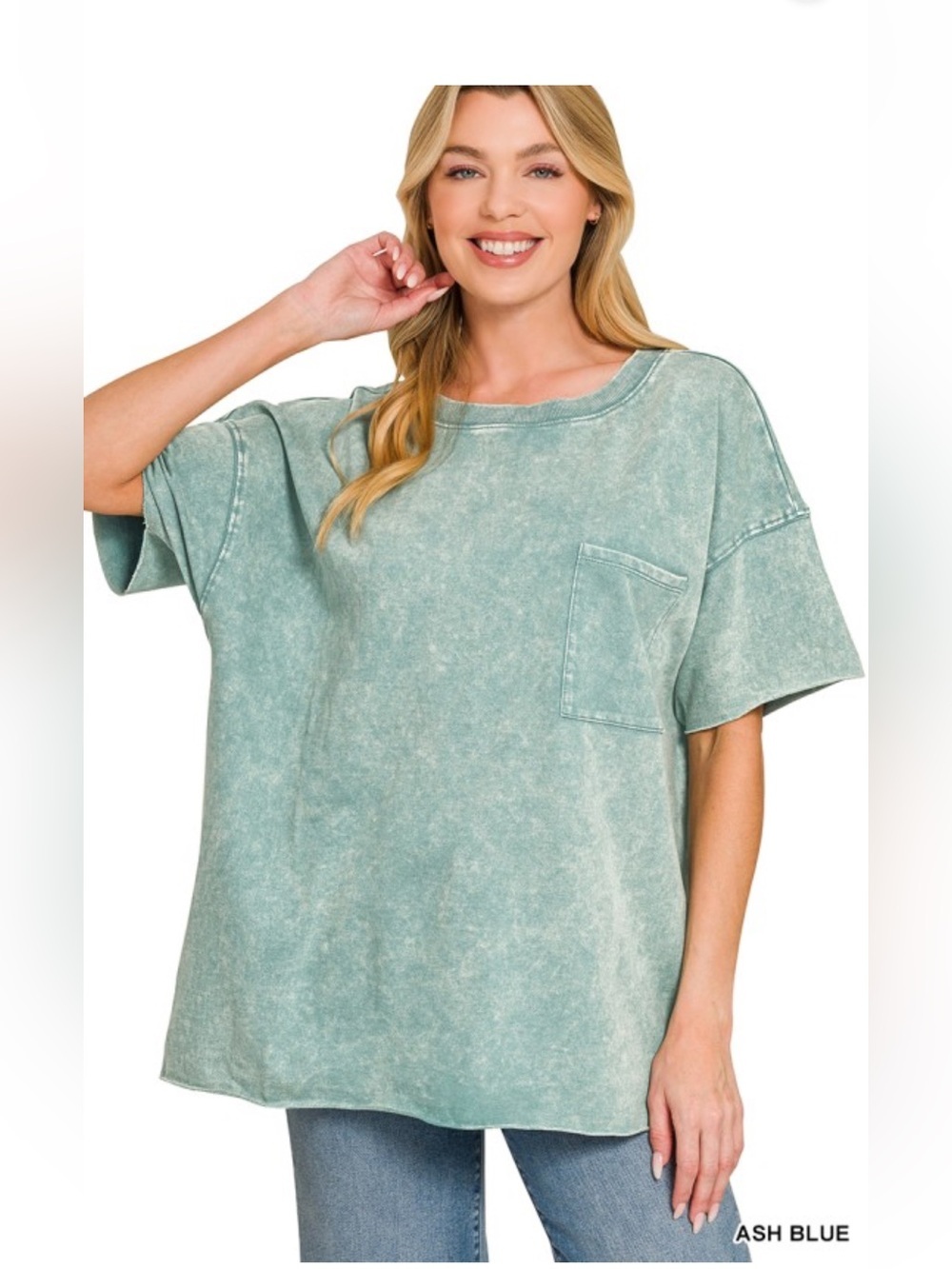 ZENANA FRENCH TERRY MINERAL WASHED OVERSIZED TEE RAW EDGE ASH BLUE S/M NIB